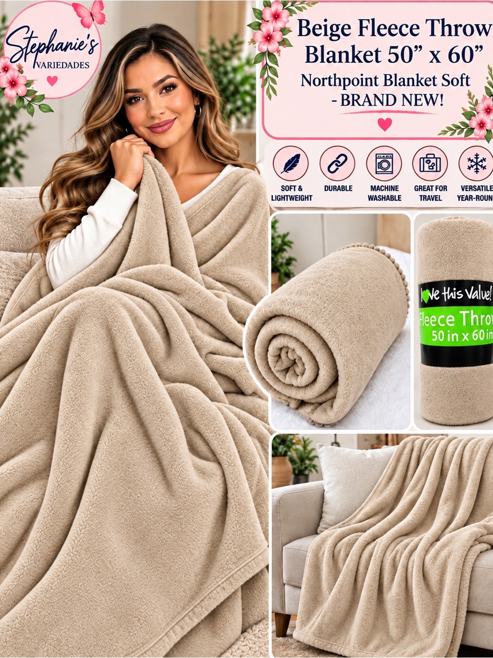 Soft beige Fleece Throw Blanket - Lightweight Cozy Comfort
